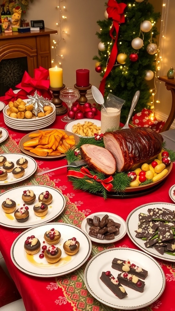 A festive Christmas party lunch table with stuffed mushrooms, cranberry brie bites, holiday ham, roasted vegetables, and peppermint bark.